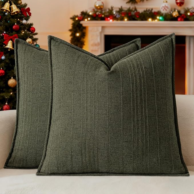 a moment Christmas Linen Pillow Covers Set of 2,Boho Farmhouse Throw Pillowcases Neutral Textured Decorative Covers for Couch Sofa,Soft Linen Blend Accent Case Cushion Home Decor 22"x22"Dark Green