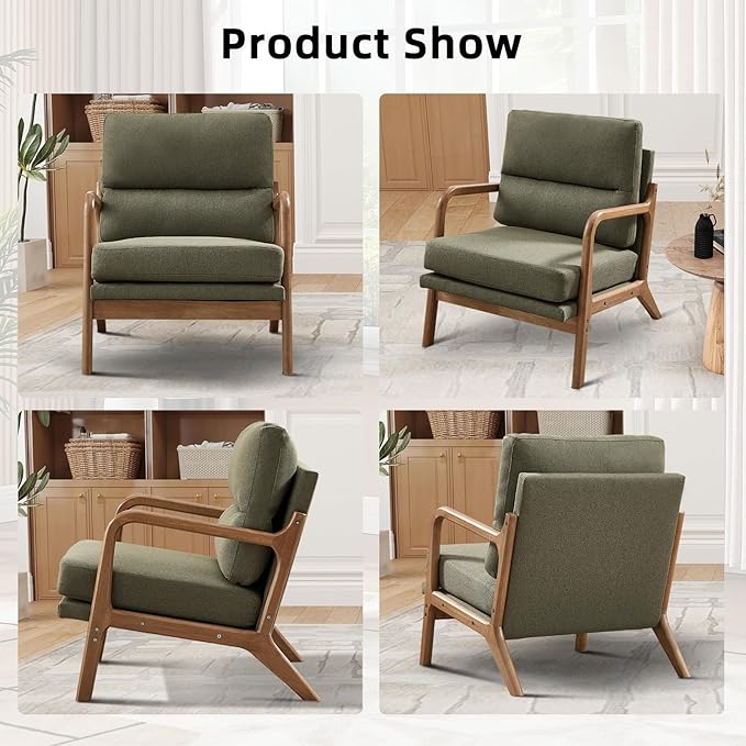 Mid Century Modern Accent Chair Set of 2, Linen Fabric Upholstered Lounge Arm Chair with Solid Wood Frame and Soft Cushion for Living Room, Bedroom, Balcony (1, Green)