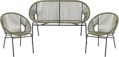 Christopher Knight Home Dessa 3 Piece Patio Furniture Set, Patio Wicker Accent Chair Set of 2 and Loveseat, Metal Frame 4 Seater Outdoor Papasan Lounge Chair Set, PE Rattan Outdoor Bistro Set, Green