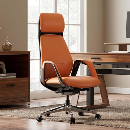 EUREKA ERGONOMIC Serene Executive Office Chair Genuine Leather, Modern Executive Chair 135° Back Support Comfy Desk with Arms & Aluminum Base for Home-Orange