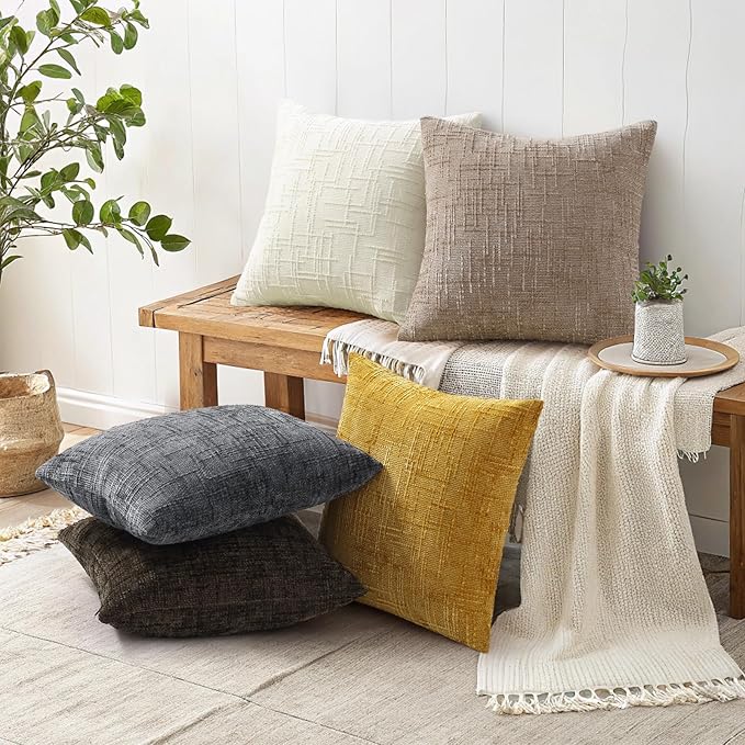 decorUhome Oatmeal Chenille Throw Pillow Covers 26x26 Set of 2 Thick Textured Slubby Couch Pillow Covers Farmhouse Accent Modern Neutral Decorative Pillow Cases for Bed Sofa Living Room
