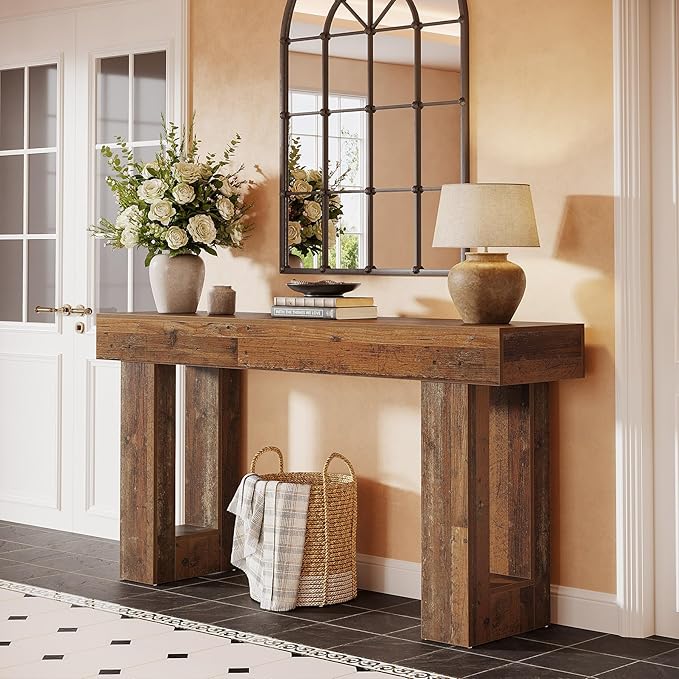 Tribesigns 63" Farmhouse Console Table, Natural Wooden Sofa Table Rectangular Accent Console for Entryway, Hallway & Living Room (Mix Brown)