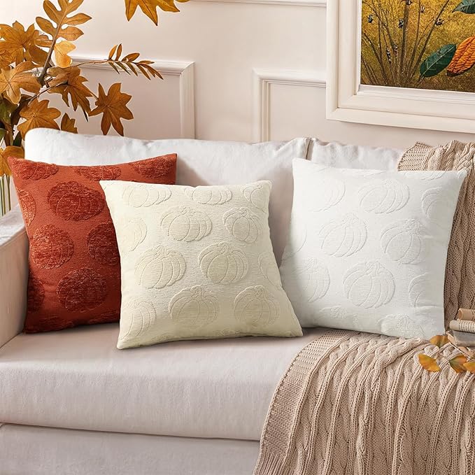decorUhome Decorative Beige Pumpkin Thanksgiving Throw Pillow Covers 20x20 Set of 2, Soft Chenille Jacquard Farmhouse Textured Pillow Covers for Couch Bed Sofa Autumn Harvest Halloween Holiday