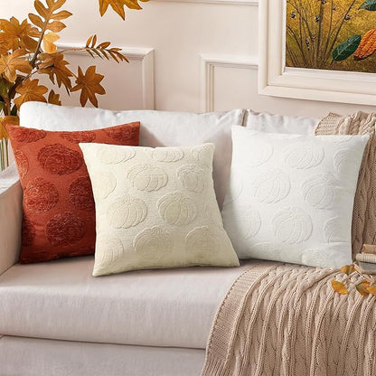 decorUhome Decorative Beige Pumpkin Thanksgiving Throw Pillow Covers 20x20 Set of 2, Soft Chenille Jacquard Farmhouse Textured Pillow Covers for Couch Bed Sofa Autumn Harvest Halloween Holiday