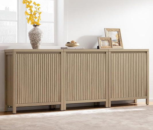SICOTAS Sideboard Buffet Cabinet with Storage, Fluted Credenza Console Cabinet with Adjustable Shelves, Farmhouse Coffee Bar Storage Cabinets for Kitchen, Living Room, Entryway, Light Oak, 3 PCS