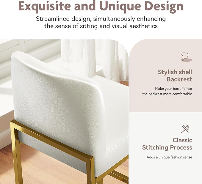 ALPHA HOME 24 Inch Bar Stools Set of 3, Kitchen Counter Stools with Backs, PU Leather Barstools, White Bar Stools with Upholstered Footrest, Sturdy Chromed Metal Steel Frame, White