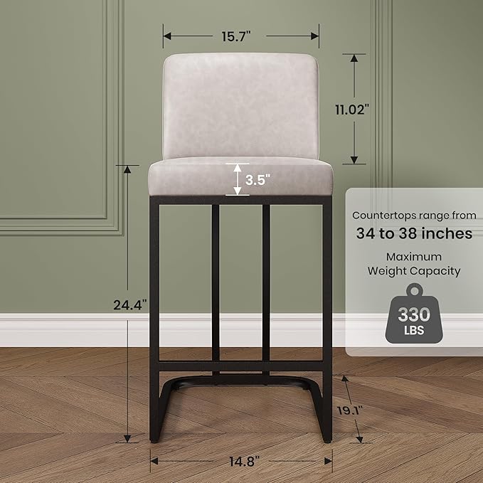 PHI VILLA Light Grey Bar Stools Set of 4, Faux Leather Counter Height Chairs, Kitchen Stools for Island, 24 Inch Barstools with Back