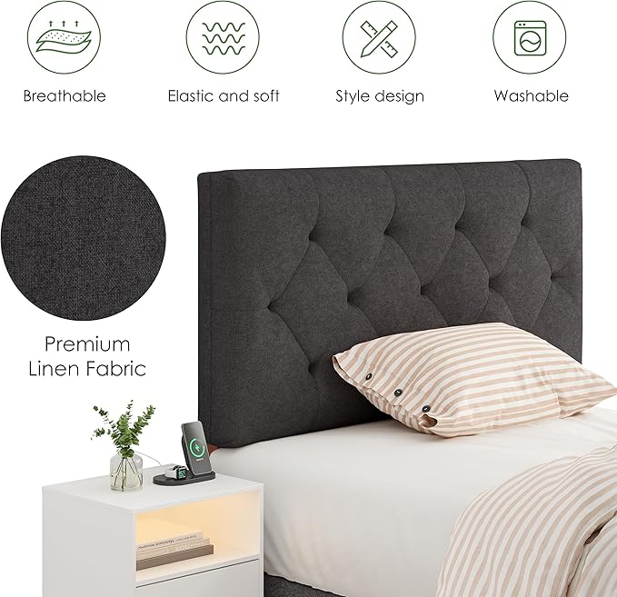 Twin Upholstered Headboard, Twin Head Board Only for Bed Frame from 27”-41”, Adjustable Height Twin XL Headboards with Durable Wood Legs, Fabric Bed Board in Modern Button Design, Dark Grey
