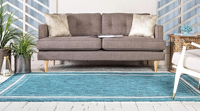 Unique Loom Outdoor Border Collection Area Rug - Soft Border (8'x 11' 4" Rectangle, Teal/ Ivory)
