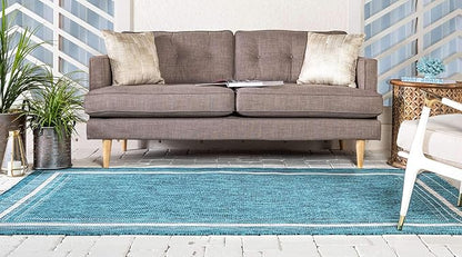 Unique Loom Outdoor Border Collection Area Rug - Soft Border (8'x 11' 4" Rectangle, Teal/ Ivory)