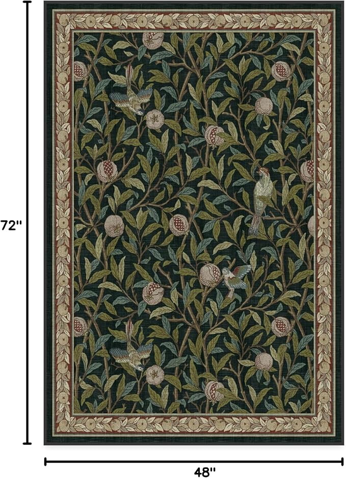 RUGGABLE x Morris & Co Washable Area Rug – Pomegranate Blue Green 4x6, Stain-Resistant, Non-Slip – Medium Machine Washable Rugs for Living Room, Bedroom, Hallway, Entryway & Office–with Cushioned Pad