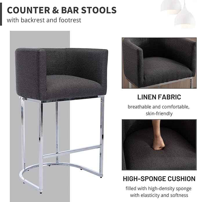 Bar Stools 29" Counter Height Bar Stools Upholstered Fabric Barstool Modern Barrel Counter Stool Kitchen Counter Island Stools with Chrome Metal Base, Charcoal