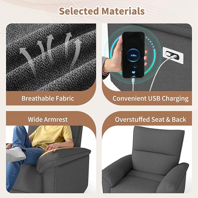 Power Lazy Boy Recliner Chair, Zero Wall Hugger Nursing Recliner for Living Room with USB Port, Lazy Recliners Chair for Adults, Reclining Armchair for Small Space/Bedroom/Apartment(Dark Gray)