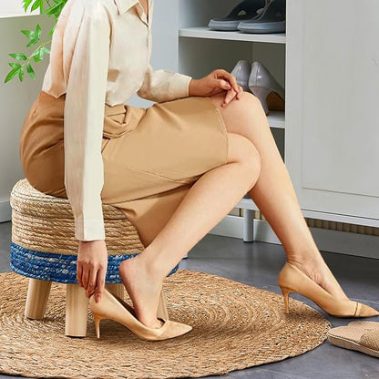 Cpintltr Storage Ottoman Poufs Handwoven Footstool Natural Seagrass Round Footrest Stool with 4 Wood Legs Soft Padded Outdoor Seat for Hallway Lounge Bedroom Garden