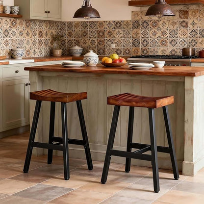 OUllUO Bar Stools Set of 2, Backless Saddle Barstools, 25" Counter Height Bar Stools, Solid Wood Counter Stools with Metal Frame, 521P-BBWD