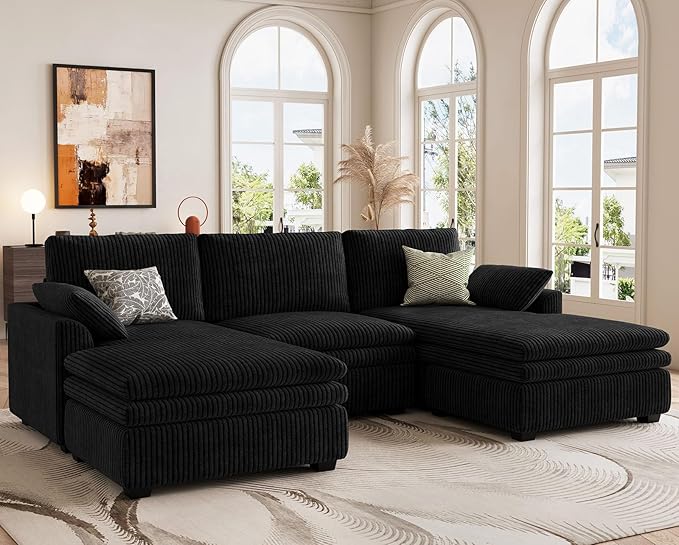 Belffin Large Modular Sectional Sofa with Double Deep Chaise, 104" Corduroy U Shaped Couch with 9" Soft Dual-Layer Seats Cushion Sectional Couches for Living Room, Apartment, Black