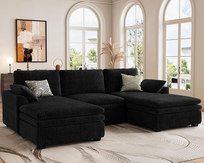 Belffin Large Modular Sectional Sofa with Double Deep Chaise, 104" Corduroy U Shaped Couch with 9" Soft Dual-Layer Seats Cushion Sectional Couches for Living Room, Apartment, Black