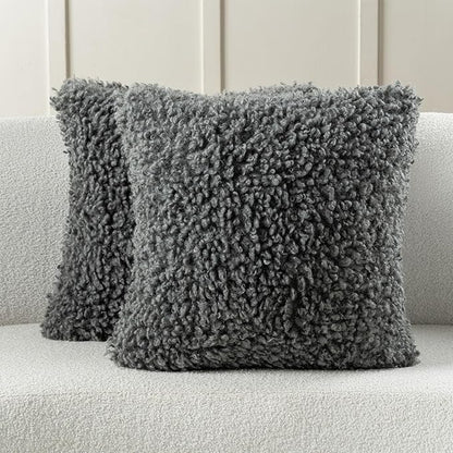 FUTEI Dark Grey Decorative Throw Pillow Covers 22x22 Inch Set of 2,Soft Fluffy Faux Wool Fur Boucle Textured Cushion Case,Modern Home Decor for Couch Bed Living Room Office