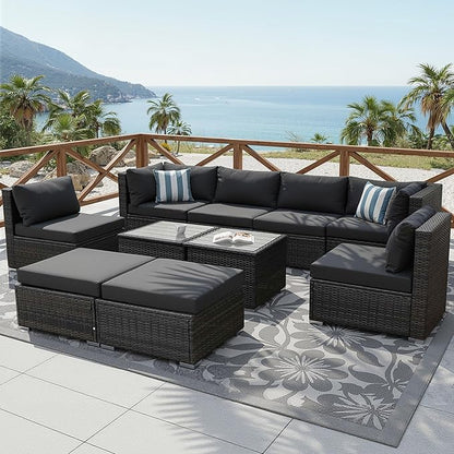 NICESOUL 10 Piece Modern Luxury 29.3'' High Back Outdoor Furniture Set, Extra Large Size PE Wicker Patio Modular Sectional with Side Tables, All-Weather Rattan Conversation for Backyard Deck, Grey