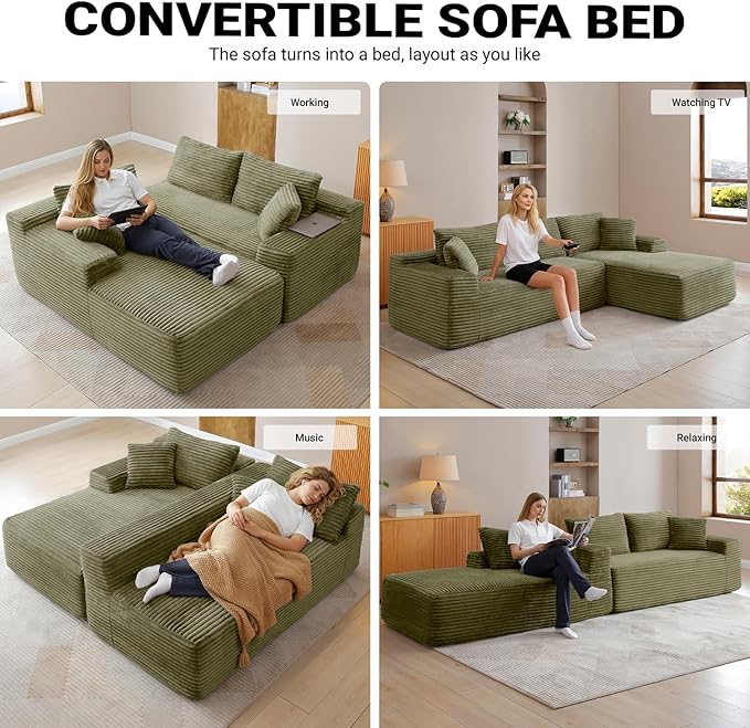 108 Inch Cloud Sectional Couch,Modern Modular Sectional Sofa with Deep Seat,Corduroy Boneless Couches with L-Shape Chaise for Living Room,No Assembly Required (Green, Right Facing Chaise + Ottoman)