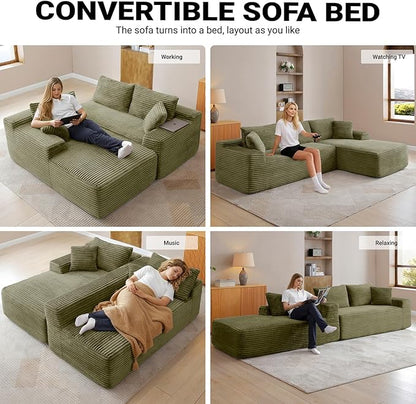 108 Inch Cloud Sectional Couch,Modern Modular Sectional Sofa with Deep Seat,Corduroy Boneless Couches with L-Shape Chaise for Living Room,No Assembly Required (Green, Right Facing Chaise + Ottoman)