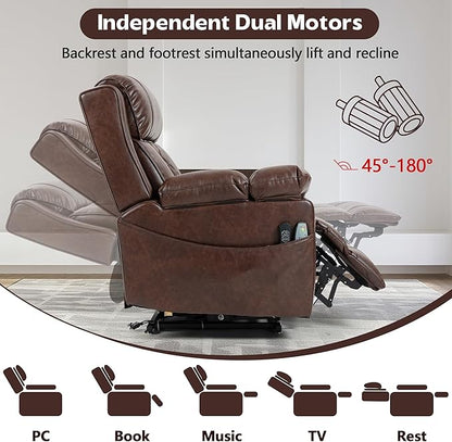 Big Man Power Lay Flat Lift Chair Oversized Recliner Dual Motor Heat Vibration for Elderly, Overstuffed Electric 28" Extra Wide Recliners with Flip Arm Storage Cup Holders,USB Type C Charging