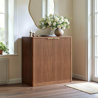 Evermagin 31.5" Walnut Buffet Cabinet with Storage, Small Sideboard Cabinet, Mid Century Modern Accent Credenza, Fluted Console Table with Doors for Dining Room, Kitchen, and Living Room