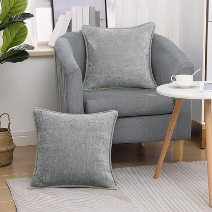 decorUhome Chenille Soft Throw Pillow Covers 16x16 Set of 2, Farmhouse Velvet Neutral Decorative Euro Pillow Covers with Stitched Edge for Couch Sofa Bed Home Decor, Neutral Gray