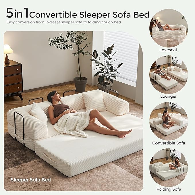 79" Convertible Sofa Bed with Fixed-Shape Frame & Removable Armrests, Modular Corduroy Sleeper Sofa, Folding Mattress Couch for Small Spaces - No Assembly Needed in Beige White (Includes 2 Pillows)