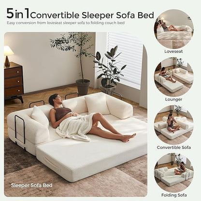 79" Convertible Sofa Bed with Fixed-Shape Frame & Removable Armrests, Modular Corduroy Sleeper Sofa, Folding Mattress Couch for Small Spaces - No Assembly Needed in Beige White (Includes 2 Pillows)