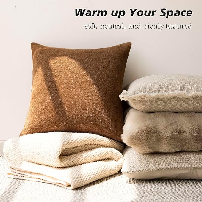 Foindtower Pack of 2 Soft Textured Chenille Throw Decorative Pillow Covers Square Accent Solid Cushion Cover Cozy Farmhouse Pillow Case with Zippe for Couch Sofa Bed Living Room 26x26 Inch, Bronze