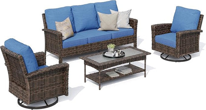 HERA'S HOUSE Outdoor Furniture with High Back Swivel Chairs, 4-Piece Patio Conversation Sets with 5.5" Thick Cushion, Deep Seating Wicker Rattan Sofa Set for Deck Lawn Deck Yard, Blue
