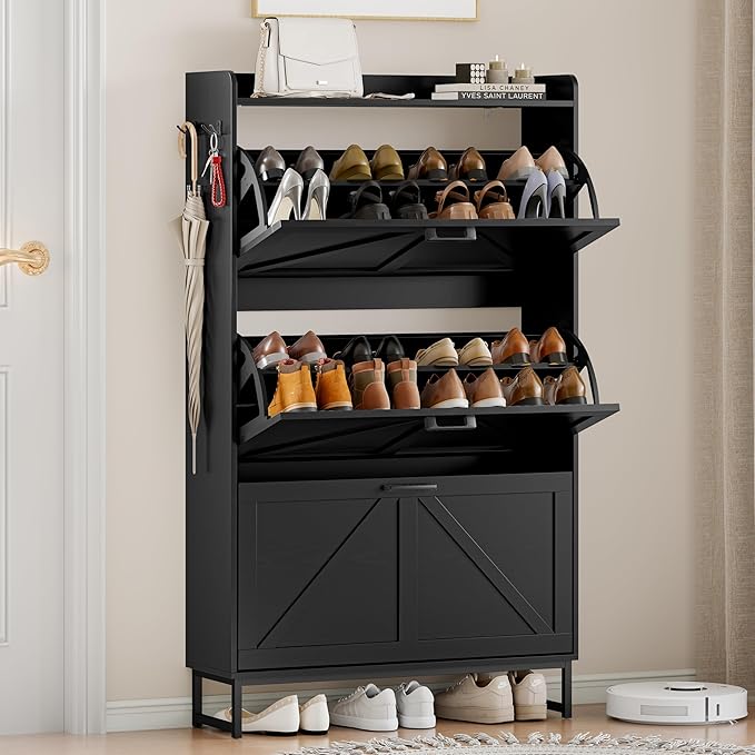 Shoe Cabinet Storage for Entryway, Shoe Storage Cabinet with 3 Flip Drawers, Freestanding Narrow Shoe Rack Organizer with Metal Legs & Side Hook for Foyer, Hallway, Black