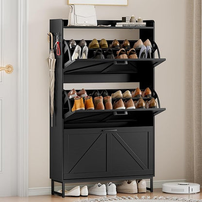 Shoe Cabinet Storage for Entryway, Shoe Storage Cabinet with 3 Flip Drawers, Freestanding Narrow Shoe Rack Organizer with Metal Legs & Side Hook for Foyer, Hallway, Black