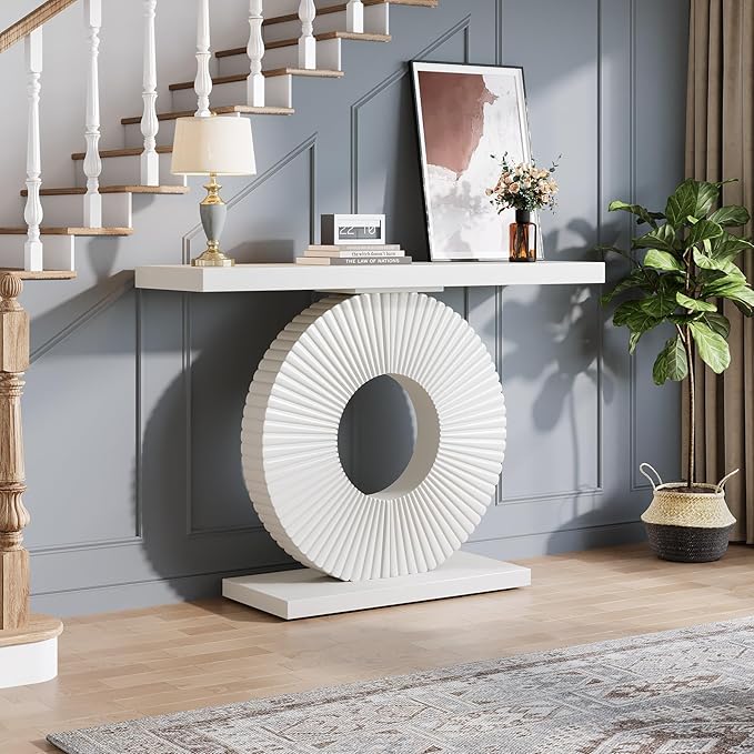 Tribesigns Modern Entryway Console Table, 39 inch Wooden Narrow Sofa Table Behind Couch with Geometric Base, Contemporary Accent Table for Living Room, Entrance, Hallway, White