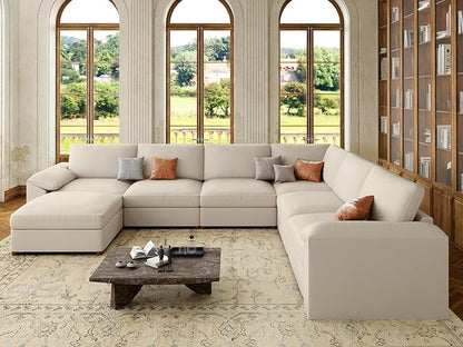 EASE MOOSE Faux Leather Sectional with Ottoman, Oversized Modular Couch, Modular Sectional Sofa with Deep Seat, Scratch Resistant Faux Leather Material, U Shaped Couch for Big Spaces, Beige