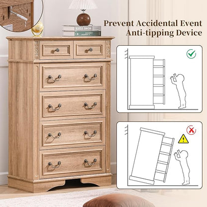 Dresser for Bedroom with 6 Drawers, 48" Tall Natural Dresser for Storage and Organization, Farmhouse Chest of Drawers for Living Room, Closet, Hallway