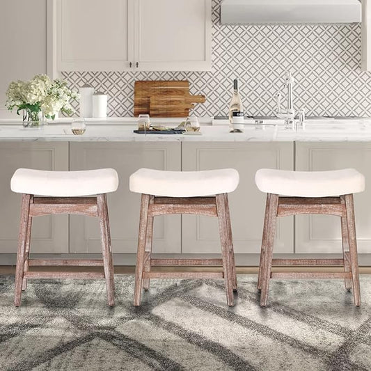 ALPHA HOME Bar Stools Set of 3, Solid Wood Saddle Kitchen Stools with Beige Linen Fabric Cushion Counter Height Barstools, 24 Inch, 3PCS
