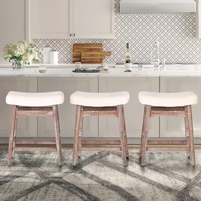 ALPHA HOME Bar Stools Set of 4, Solid Wood Saddle Kitchen Stools with Beige Linen Fabric Cushion Counter Height Barstools with Vintage Farm Wooden Base for Kitchen Dining Cafe, 24 Inch, Beige, 4PCS