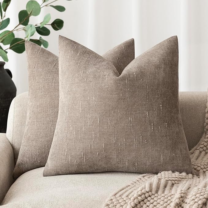 Foindtower Set of 2 Soft Textured Chenille Throw Decorative Pillow Covers Square Accent Solid Cushion Cover Cozy Neutral Farmhouse Pillow Case for Couch Sofa Bedroom Living Room 20x20 Inch,Light Taupe