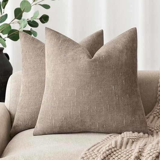 Foindtower Set of 2 Soft Textured Chenille Throw Decorative Pillow Covers Square Accent Solid Cushion Cover Cozy Neutral Farmhouse Pillow Case for Couch Sofa Bedroom Living Room 18x18 Inch,Light Taupe