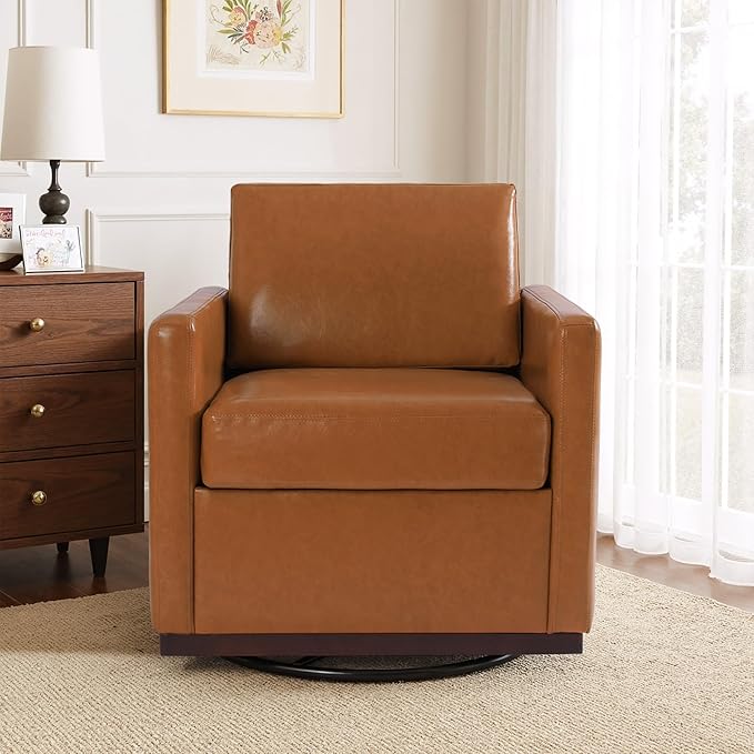 UIXE Faux Leather Swivel Accent Chair, Upholstered Armchair Comfy Club Chair for Living Room, Mid Century Modern Arm Chair Single Sofa Nook Bedroom Side Reading Seat - Light Brown