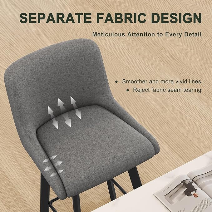 Swivel Bar Stools Set of 4, 30''H Upholstered Barstools with Backs, Modern Counter Height Bar Stool Chairs for Kitchen Island, Metal Legs, Fabric, Gray Counter Stools