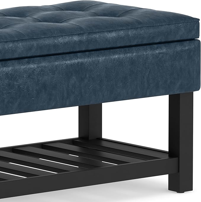 SIMPLIHOME Cosmopolitan 44 inch Wide Transitional Rectangle Storage Ottoman Bench with Open Bottom in Denim Blue Vegan Faux Leather, Assembled for the Living Room and Bedroom