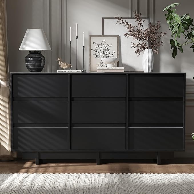 Black Dresser for Bedroom, 59" Wide 9 Drawer Dresser, Mid Century Modern Dressers Chest of Drawers, Wooden Large Dressers for Bedroom, Closet