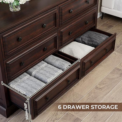 Farmhouse 6 Drawer Dresser for Bedroom, 54" Wide Wood Dresser with Natural Texture, Rustic Chest of Drawers for Bedroom with Vintage Metal Hands, for Living Room, Hallway, Cherry