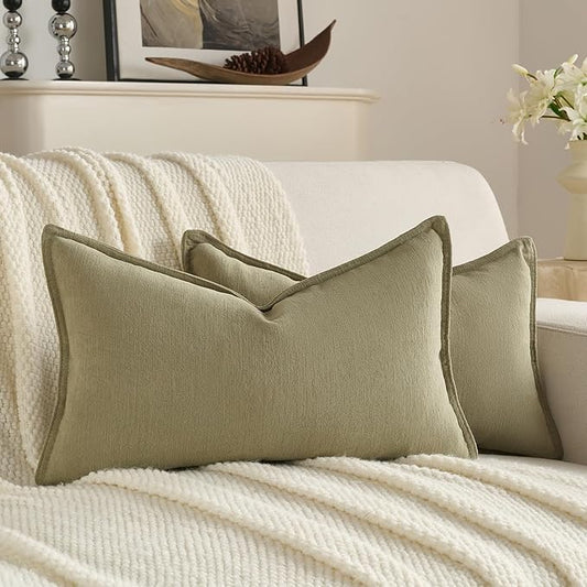 FUTEI Olive Green Chenille Throw Pillow Covers 12x20 Inch Set of 2,Edges Double-Stitched Lumbar Pillow Cases,Modern Home Decor for Couch Living Room