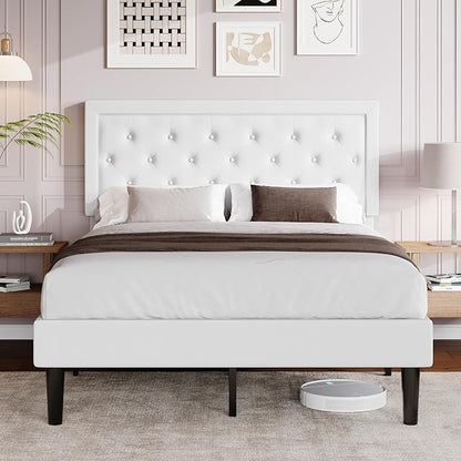 Allewie Queen Size Velvet Upholstered Bed Frame with Adjustable Headboard, Diamond Tufted Design, Wood Slat Support, Noise-Free EVA Strip, Easy Assembly, White