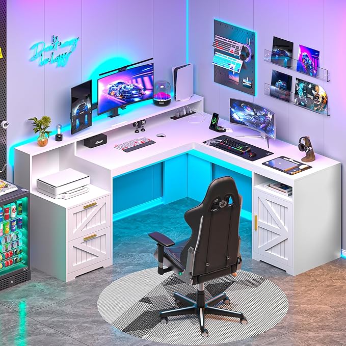 63" Farmhouse L Shaped Executive Desk with Drawers & Storage Shelf, Corner Computer Desk with Power Outlets, L Shaped Office Desk with Monitor Stand, Printer Shelf, White