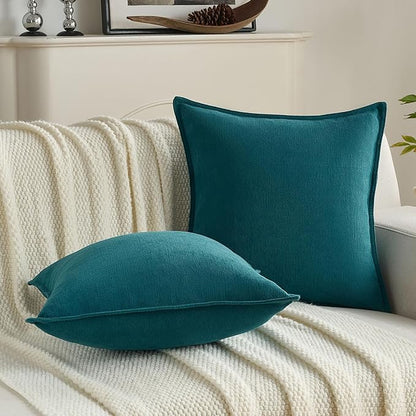 FUTEI Teal Chenille Throw Pillow Covers 26x26 Inch Set of 2,Edges Double-Stitched Euro Pillow Shams,Modern Home Decor for Couch Living Room